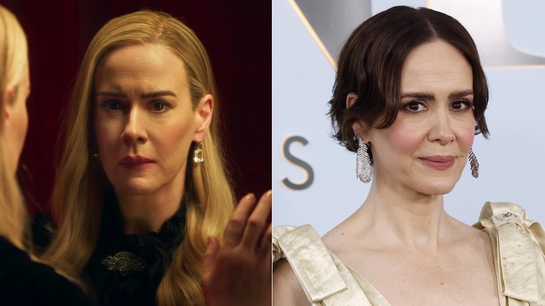 Photos côte à côte de Sarah Paulson dans son personnage sur AHS (à gauche) et dans son propre rôle sur le tapis rouge (à droite)