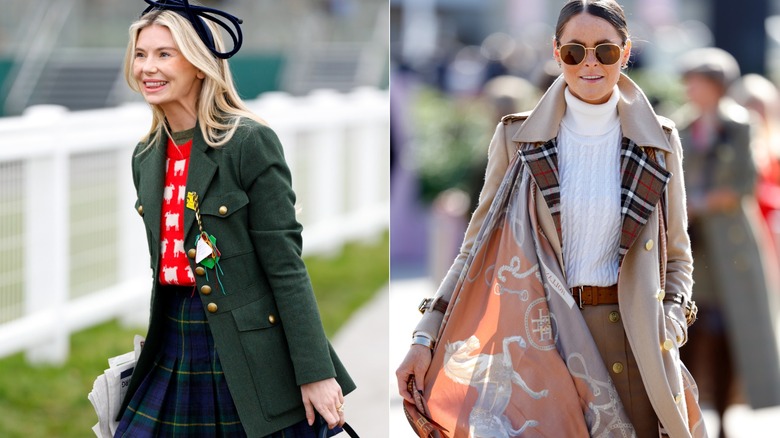 Une femme portant un tricot de mouton avec un blazer et une jupe tartan, à côté d'une femme portant un trench Burberry avec une écharpe à motif cheval