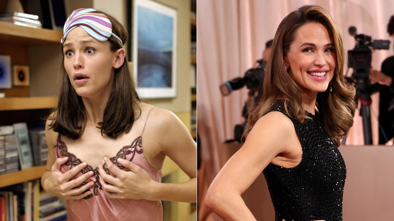 Photos côte à côte de Jennifer Garner dans une scène de 13 Going on 30 (à gauche) et posant sur le tapis rouge (à droite)
