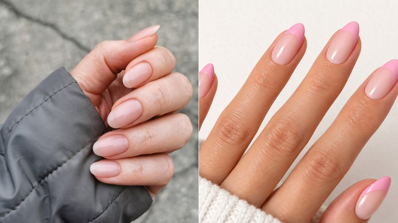 Ongles rose ballet transparents à côté d'ongles roses transparents avec des pointes roses opaques