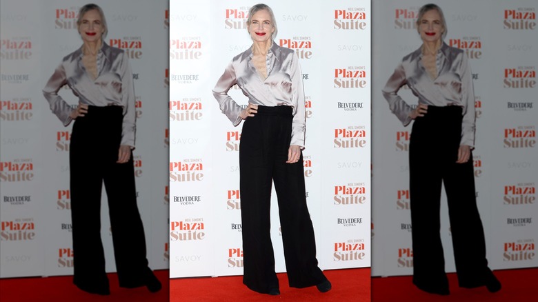 Elizabeth McGovern photographiée portant un chemisier argenté et un pantalon noir en 2024