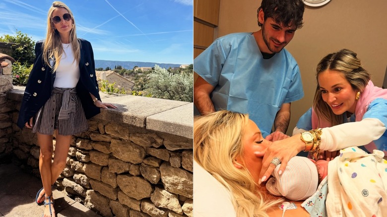 Emily Maynard sourit sur un balcon et tend la main vers sa fille et son petit-enfant