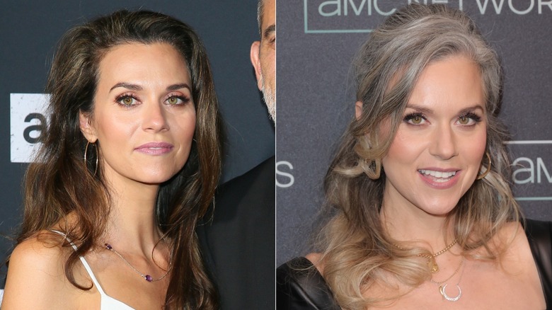 Hilarie Burton aux cheveux bruns aux pointes blond miel (L) Hilarie Burton aux cheveux gris à blonds (R)