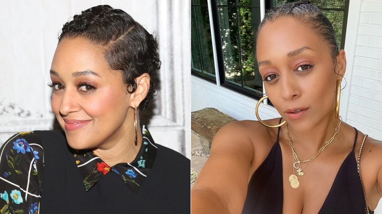 Tia Mowry avec une coupe courte de lutin noir (L) Tia Mowry avec deux tresses françaises et des racines grises (R)