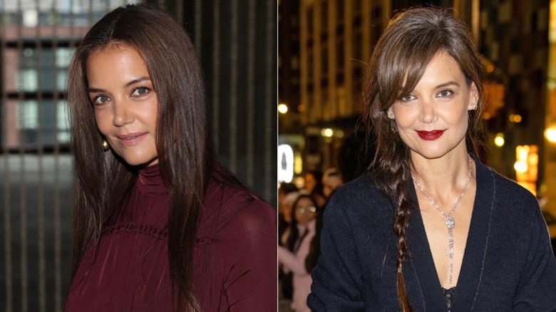 Katie Holmes aux cheveux bruns raides (L) Katie Holmes avec une tresse brune aux racines grises (R)