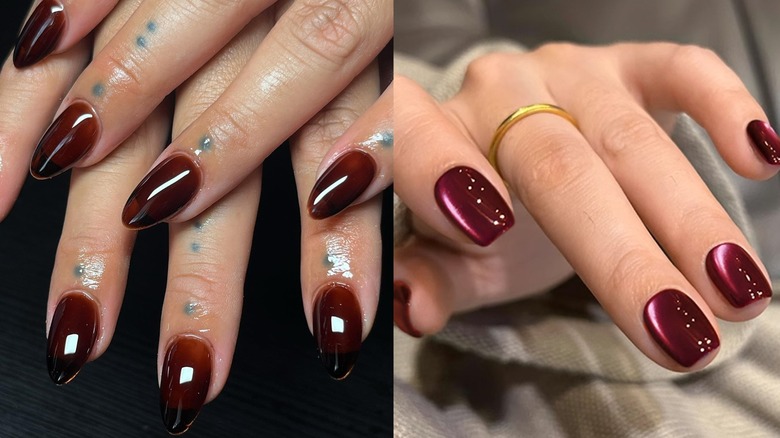 Ongles longs en gelée brune illustrés à gauche et ongles courts en gelée de framboise illustrés à droite.