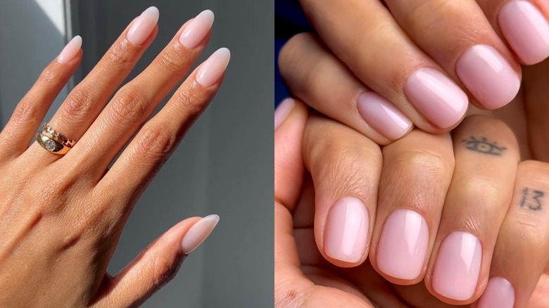 Ongles nus longs rose clair illustrés à gauche et ongles courts roses illustrés à droite.
