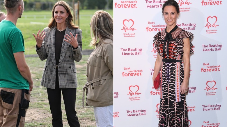L : Kate Middleton dans un blazer en tweed et un pantalon noir. R : Pippa Middleton dans une robe à motifs animée