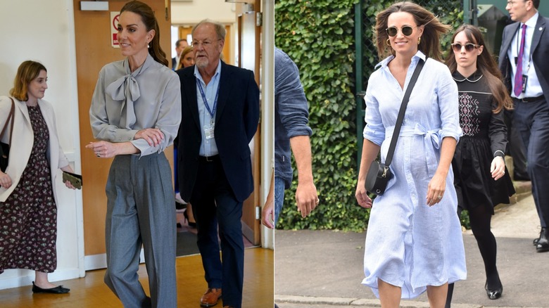 L : Kate Middleton dans une blouse polie et un pantalon gris. R : Pippa Middleton dans une robe rayée bleue et blanche