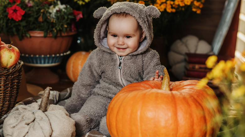 Un bébé en costume d'ours à côté d'une citrouille