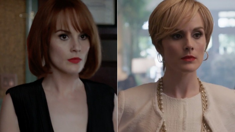 Michelle Dockery dans le rôle de Letty Raines dans Good Behaviour portant un bob rouge, des lunettes de soleil et une chemise noire à col en V.