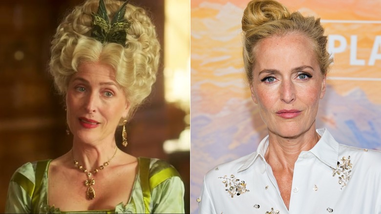 Photos côte à côte de Gillian Anderson dans le personnage de The Great (à gauche) et dans son propre rôle sur le tapis rouge (à droite)