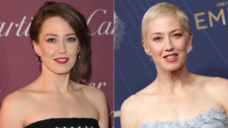(à gauche) Carrie Coon avec des cheveux bruns jusqu'au menton en 2015 ; (R) Carrie Coon avec un petit lutin blond en 2025