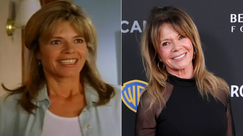 À gauche, l'actrice Mary-Margaret Humes portait ses cheveux châtain clair mi-remontés avec une frange et un maquillage neutre ainsi qu'un t-shirt blanc sous une chemise boutonnée vert clair lors d'un épisode de Dawson's Creek. À droite, l'actrice Mary-Margaret Humes portait ses cheveux châtain clair avec du volume en haut et une frange en rideau ainsi qu'un maquillage neutre et des créoles associées à une robe noire à col haut et manches transparentes lors d'un gala à Los Angeles en 2026.