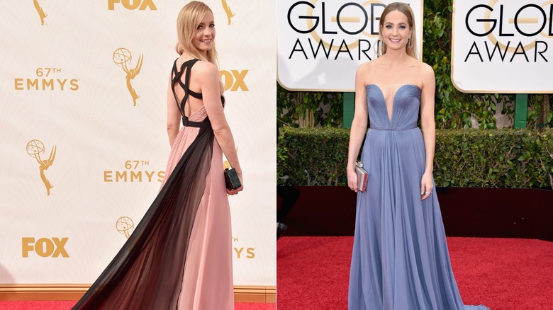 (à gauche) Joanne Froggatt portant une robe rose et noire aux Emmy Awards 2015 ; (À droite) Joanne Froggatt portant une robe bleue aux Golden Globe Awards 2016
