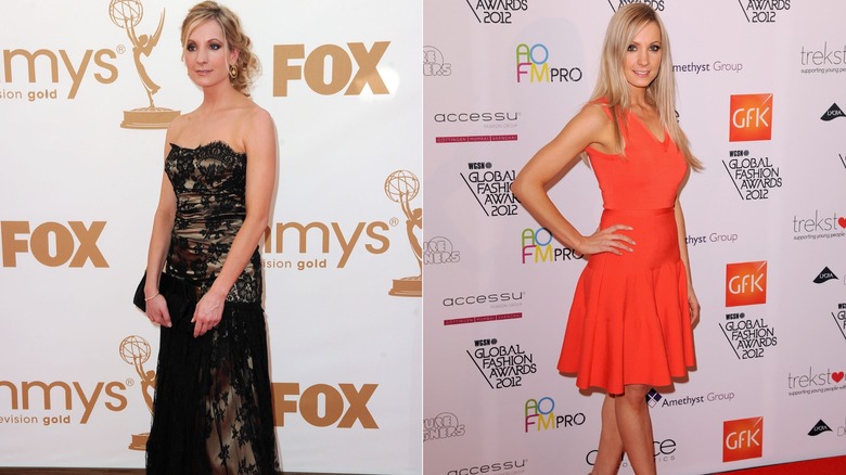 (à gauche) Joanne Froggatt portant une robe en dentelle aux Emmy Awards 2011 ; (À droite) Joanne Froggatt portant une robe orange lors du WGSN Global Fashion Award 2012