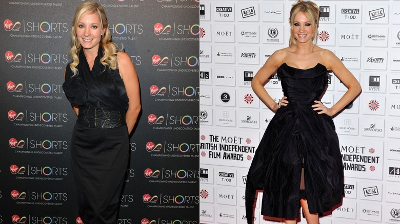 (à gauche) Joanne Froggatt portant une robe noire lors des Virgin Media Shorts Awards 2009 ; (à droite) Joanne Froggatt portant une robe noire aux Moët British Independent Film Awards 2010