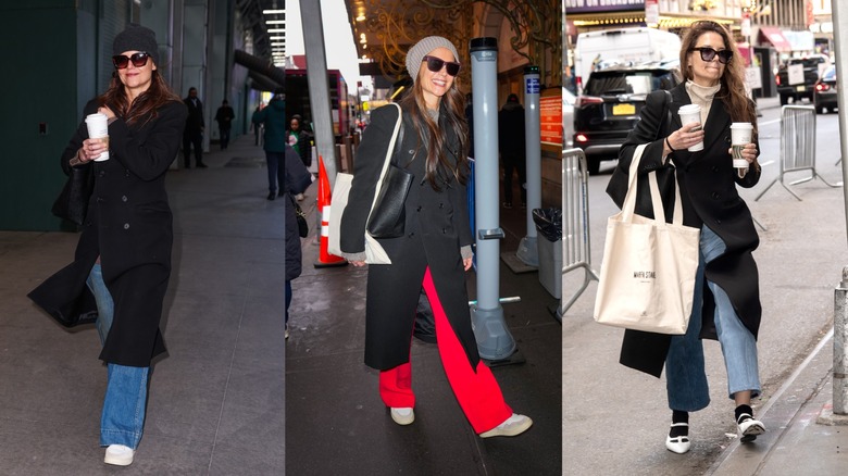 Katie Holmes porte le même manteau noir à plusieurs reprises