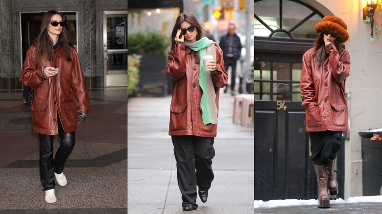 Emily Ratajkowski porte une veste marron avec différentes tenues