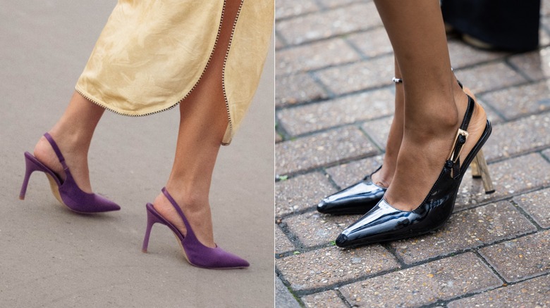 Un invité porte une jupe jaune et des escarpins à bout pointu violets à bride arrière lors de la Fashion Week de Paris en octobre 2026 / Un invité porte des escarpins à bout pointu en cuir verni noir à bride arrière à Londres en septembre 2026