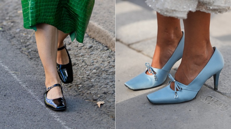 Une invitée porte une jupe midi verte embossée crocodile et des Mary Janes noires à Milan en septembre 2026 / Une invitée porte une paire d'escarpins Mary Jane en satin bleu clair lors de la Fashion Week de Paris en septembre 2026