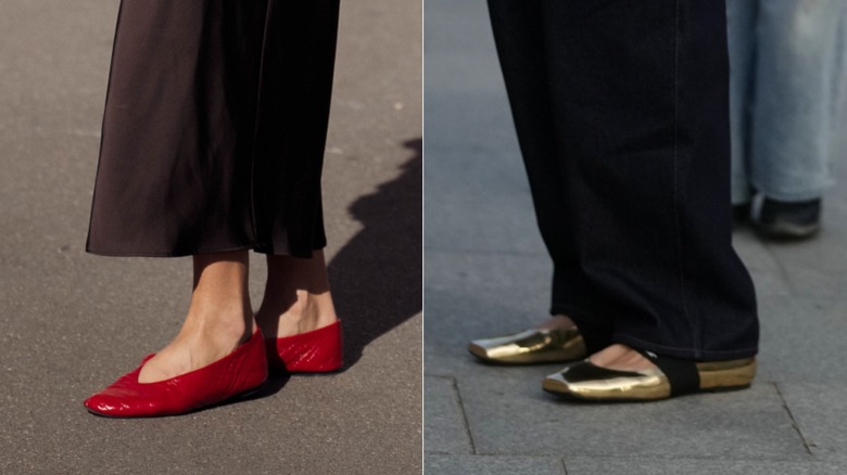 Une invitée porte une jupe longue et des ballerines rouges lors de la Fashion Week de Paris en octobre 2026 / Une invitée porte un jean large et des ballerines dorées et noires lors de la Fashion Week de Paris en octobre 2026