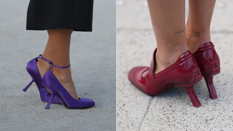 Beca Michie porte une paire d'escarpins en satin violet avec une bride à la cheville et un talon inversé lors de la Fashion Week de Paris en octobre 2026 / Dolma Lisa Dorjee porte une paire de mocassins en cuir verni rouge avec des talons inversés lors de la Fashion Week de Paris en octobre 2026
