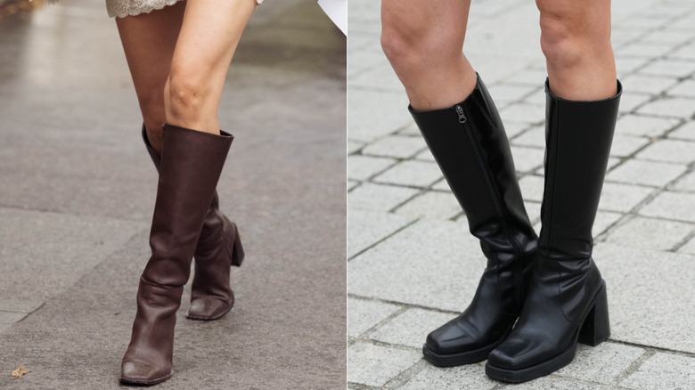 Un invité porte des bottes hauteur genou en cuir marron à bout carré lors de la Fashion Week de Paris en septembre 2026 / Un invité porte une paire de bottes hauteur genou noires en cuir noir à Paris en octobre 2026