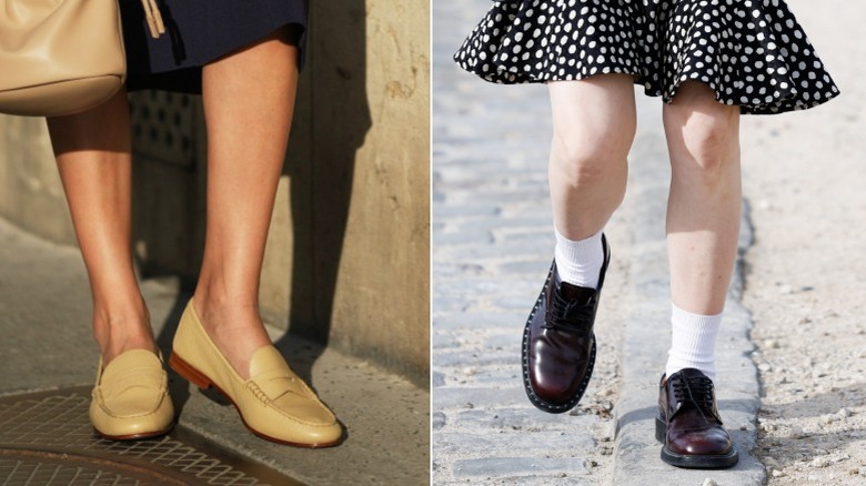 Sophie Alurralde porte une robe midi bleu marine et des mocassins beiges à Paris en août 2026 / Une invitée porte des chaussettes et des chaussures Oxford à lacets en 2026