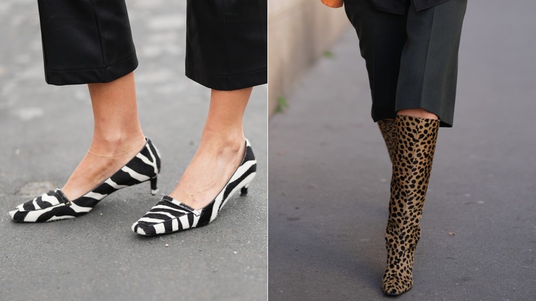 Un invité porte une paire de mocassins à talons chaton à imprimé zèbre lors de la Fashion Week de Paris en septembre 2026 / Un invité porte un bermuda et des bottes hauteur genou à imprimé guépard lors de la Fashion Week de Paris en octobre 2026