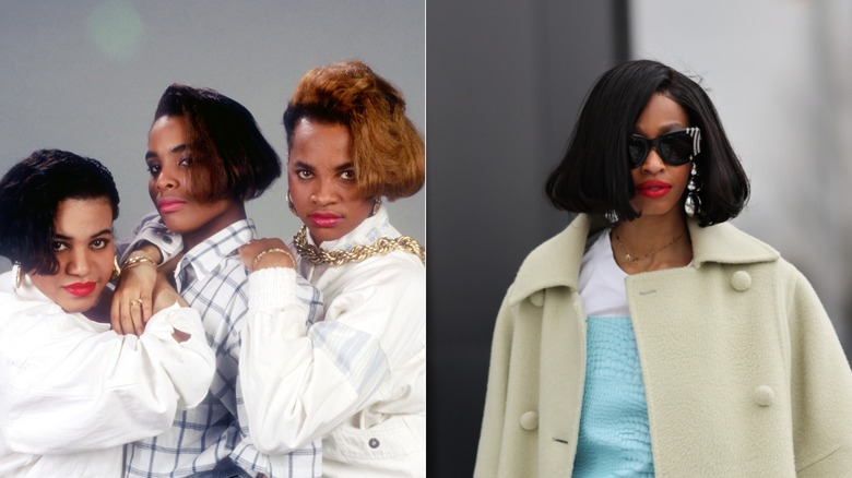 L : Salt-N-Pepa avec des bobs asymétriques dans les années 80. R : Une femme au carré asymétrique en 2026