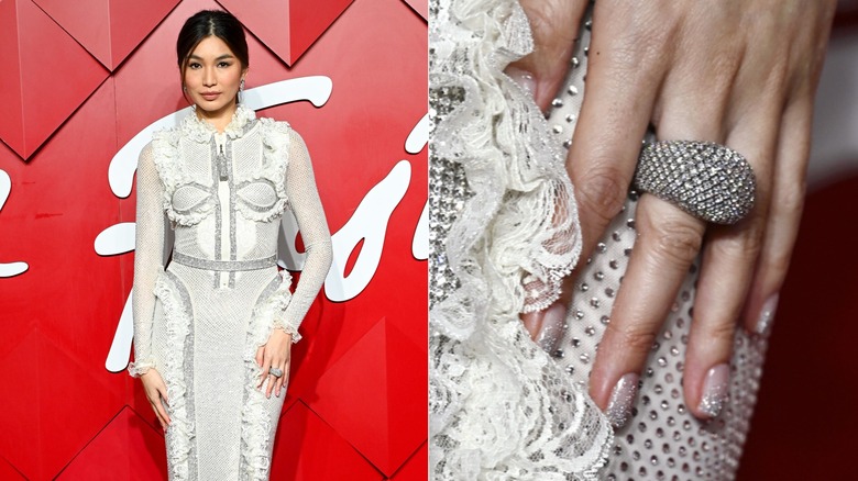 Côte à côte : Gemma Chan avec des ongles ombrés à paillettes argentées aux Fashion Awards 2024 et un gros plan sur ses ongles