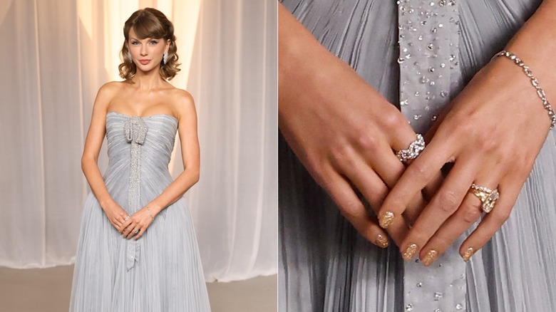 Côte à côte : Taylor Swift avec des ongles à paillettes dorées au gala du musée de l'Académie 2026 et un gros plan sur ses ongles