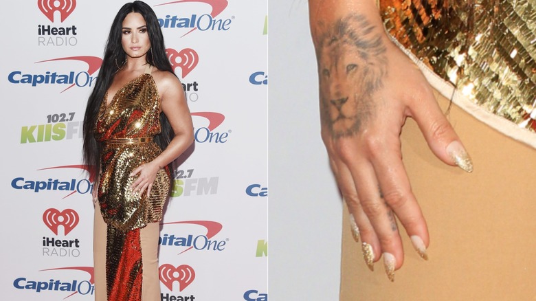 Côte à côte : Demi Lovato avec des ongles ombrés à paillettes dorées au Jingle Ball 102.7 KIIS FM 2017 et un gros plan sur ses ongles