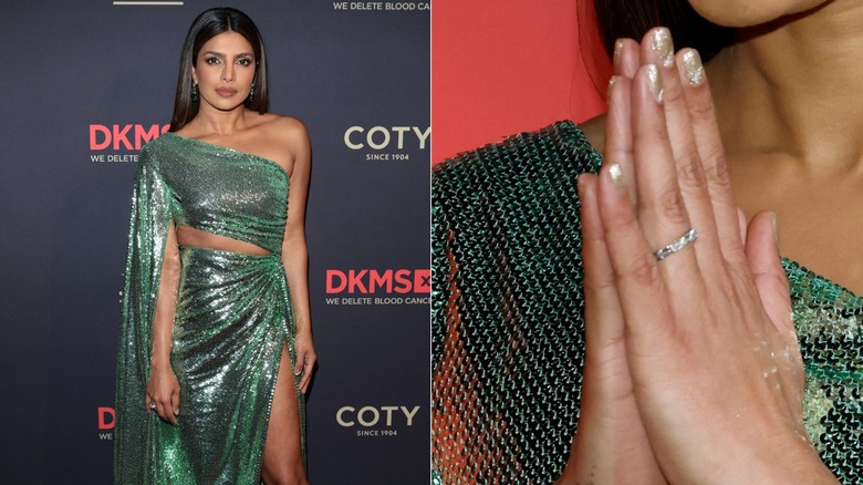 Côte à côte : Priyanka Chopra avec des ongles à paillettes champagne au gala DKMS 2023 et un gros plan sur ses ongles