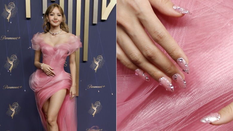 Côte à côte : Lisa avec des ongles roses à paillettes et strass aux Primetime Emmy Awards 2025 et un gros plan sur ses ongles