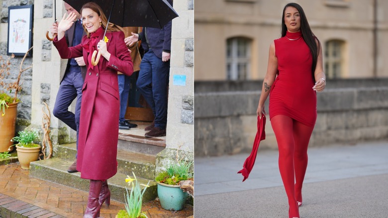 L : Kate Middleton porte une tenue bordeaux. R : Femme portant une robe rouge et des bas rouges