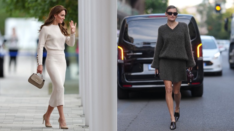 L : Kate Middleton portant un pull blanc et une jupe crayon. R : Femme portant une jupe en tricot et un pull