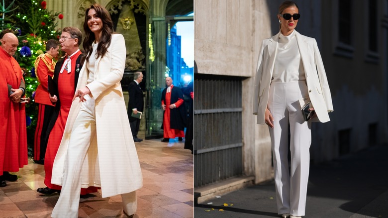 L : Kate Middleton porte une tenue entièrement blanche. R : Femme vêtue d’un costume blanc