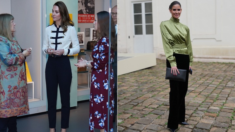 L : Kate Middleton porte un pantalon noir et une blouse. R : Une femme portant un pantalon noir et un haut en satin
