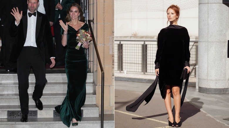 L : Kate Middleton portant une robe en velours. R : Femme en robe de velours