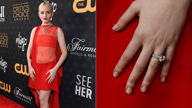 Côte à côte : Julia Garner avec des paillettes dorées sur la base de ses ongles aux Critics Choice Awards 2023 et un gros plan sur ses ongles